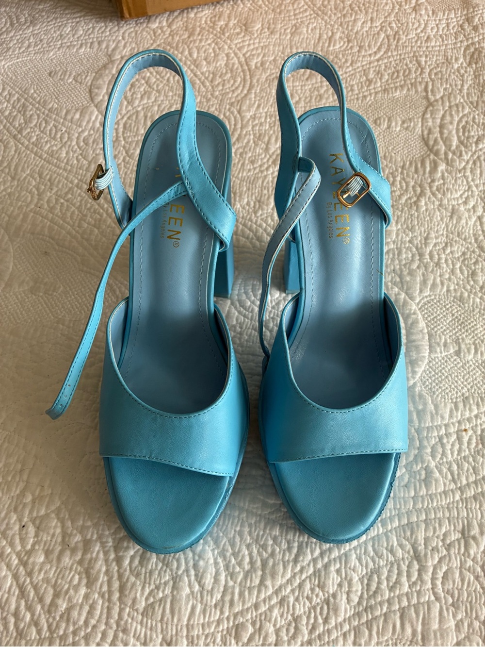 KAYLEEN By Los Angeles Turquoise Open-Toe Slingback Heels